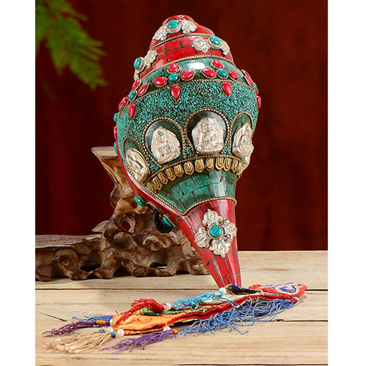 Tibetan Handmade Shankha Om Mani Padme Hum Buddha Avalokitesvara Turquoise Conch Shell Positive Decoration - image 13