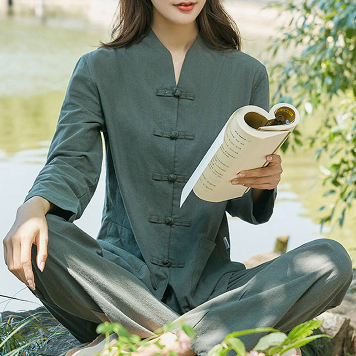 Buddha Stones Spiritual Zen Practice Yoga Meditation Prayer Uniform Cotton Linen Clothing Women's Set - Dark Green - US18，UK/AU22，EU50 (6XL) - image 1