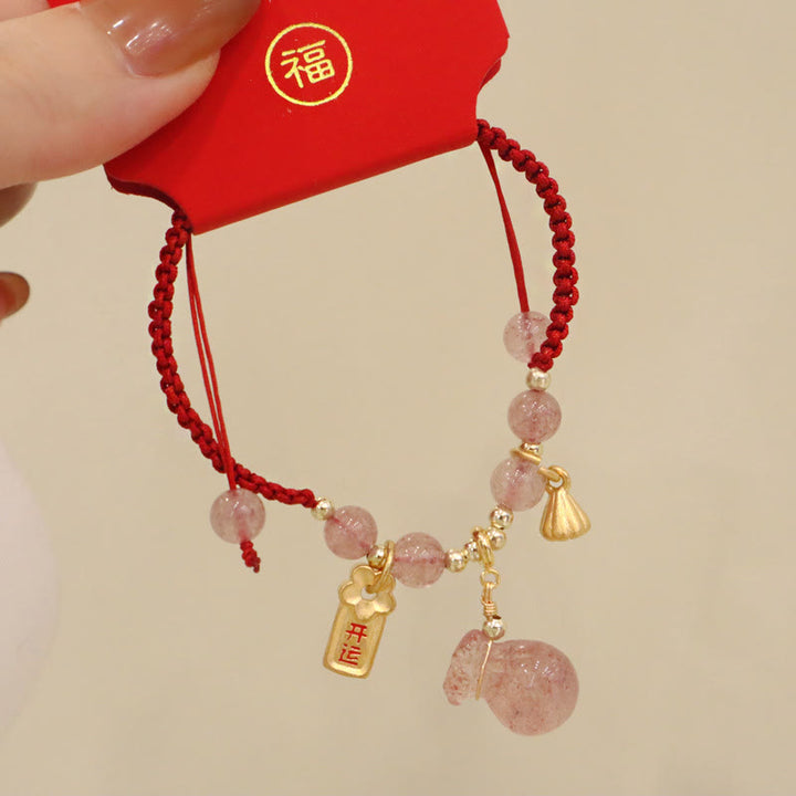 Buddha Stones Natural Strawberry Quartz Money Bag Lotus Healing Charm Red String Braided Bracelet - image 3