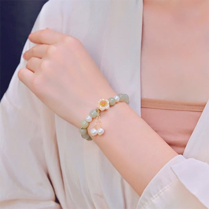 Buddha Stones Hetian Jade Flower Pearl Happiness Abundance Bracelet - image 2