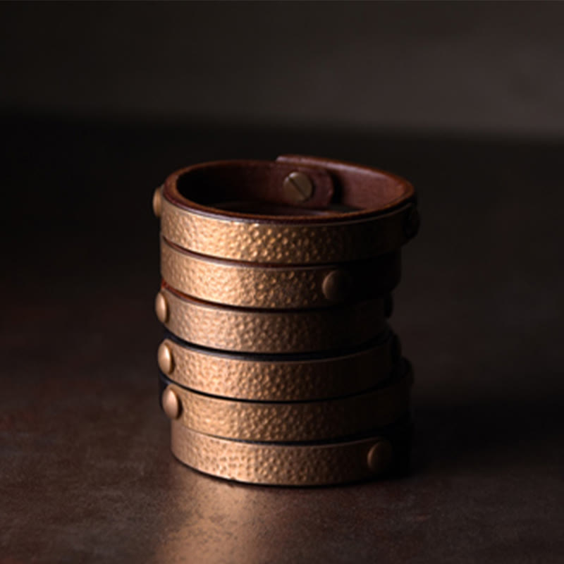 Buddha Stones Vintage Handmade Texture Copper Brass Leather Wealth Bracelet Bangle - image 10