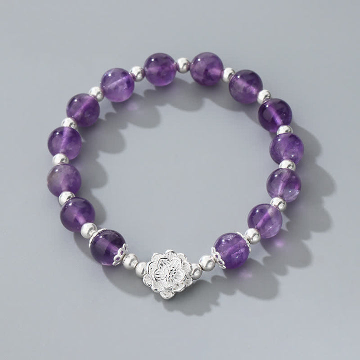 Buddha Stones 925 Sterling Silver Natural Amethyst Lotus Spiritual Bracelet - image 3
