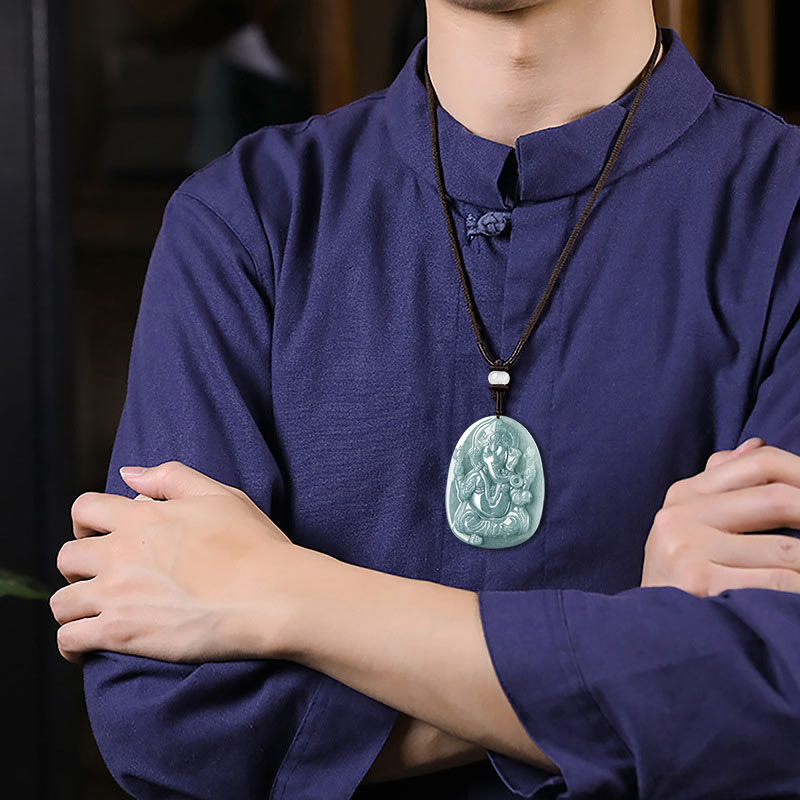 Buddha Stones Natural Jade Ganesh Ganpati Elephant Protection Amulet Necklace Pendant - image 3
