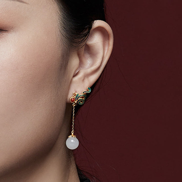 Buddha Stones Vintage White Jade Red Agate Bead Blessing Drop Dangle Earrings - image 6