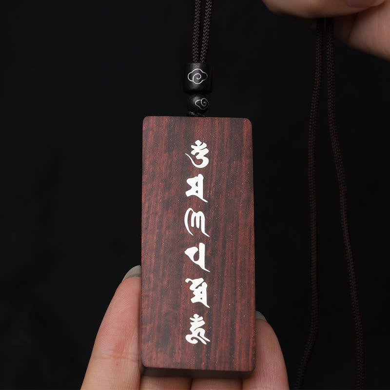 Buddha Stones 999 Sterling Silver Small Leaf Red Sandalwood Ebony Wood Om Mani Padme Hum Inlaid Protection Necklace Pendant - image 5