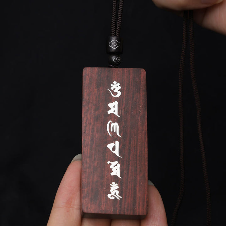 Buddha Stones 999 Sterling Silver Small Leaf Red Sandalwood Ebony Wood Om Mani Padme Hum Inlaid Protection Necklace Pendant - image 5
