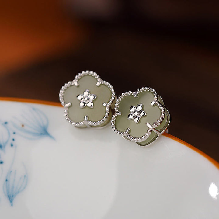 Buddha Stones 925 Sterling Silver Hetian Jade Plum Flower Luck Stud Earrings - image 2