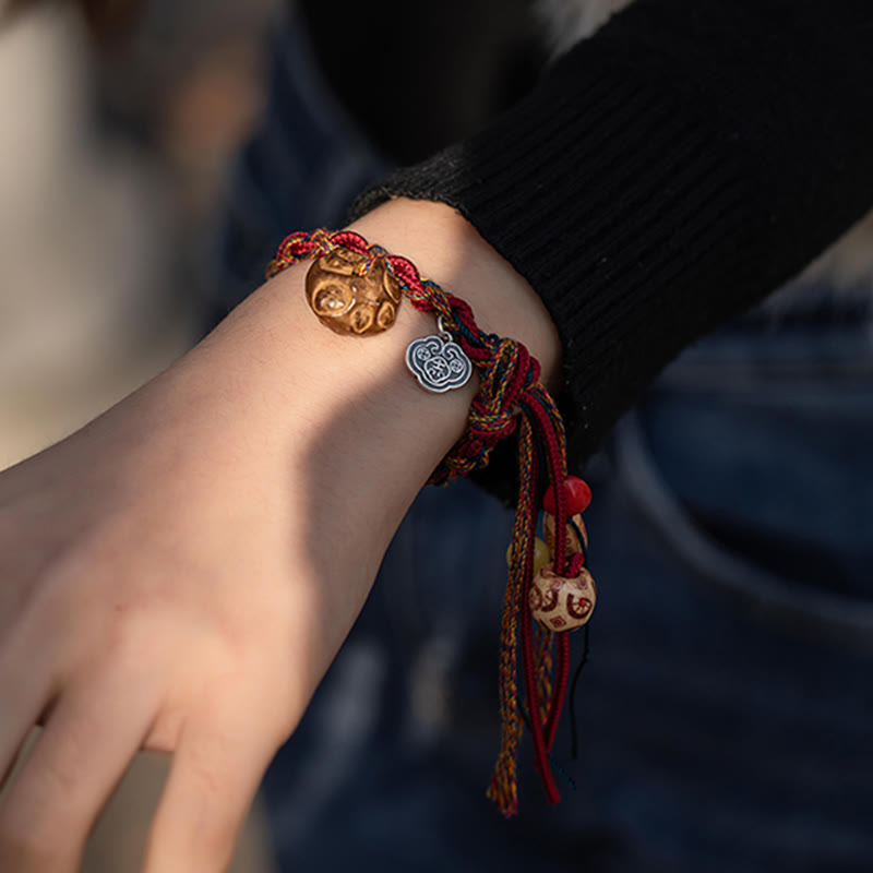 Buddha Stones Tibetan Handmade Colorful Thread 925 Sterling Silver Koi Fish Protection Strength String Bracelet - image 2