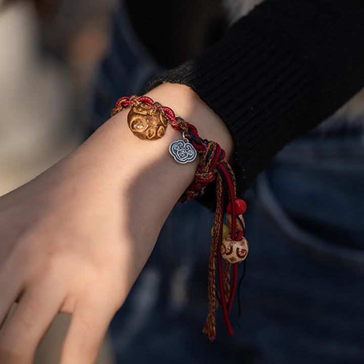 Buddha Stones Tibetan Handmade Colorful Thread 925 Sterling Silver Koi Fish Protection Strength String Bracelet - image 2