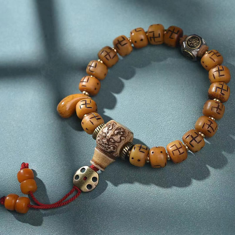 Buddha Stones Natural Tibetan Camel Bone Swastika Dzi Bead Shankha Buddha Charm Kirtimukha Luck Protection Tassel Bracelet - Camel Bone&Tibetan Kirtimukha(Wrist Circumference 15-16cm) - image 12