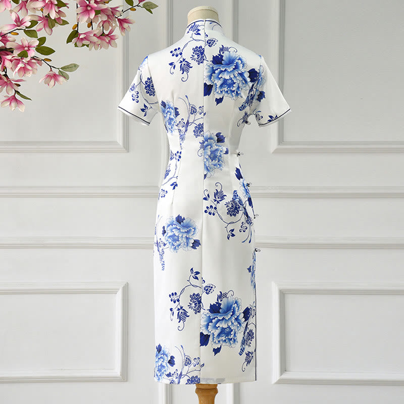 Buddha Stones Blue And White Porcelain Color Peony Flower Pattern Cheongsam Dress Women's Qipao Dress - image 3