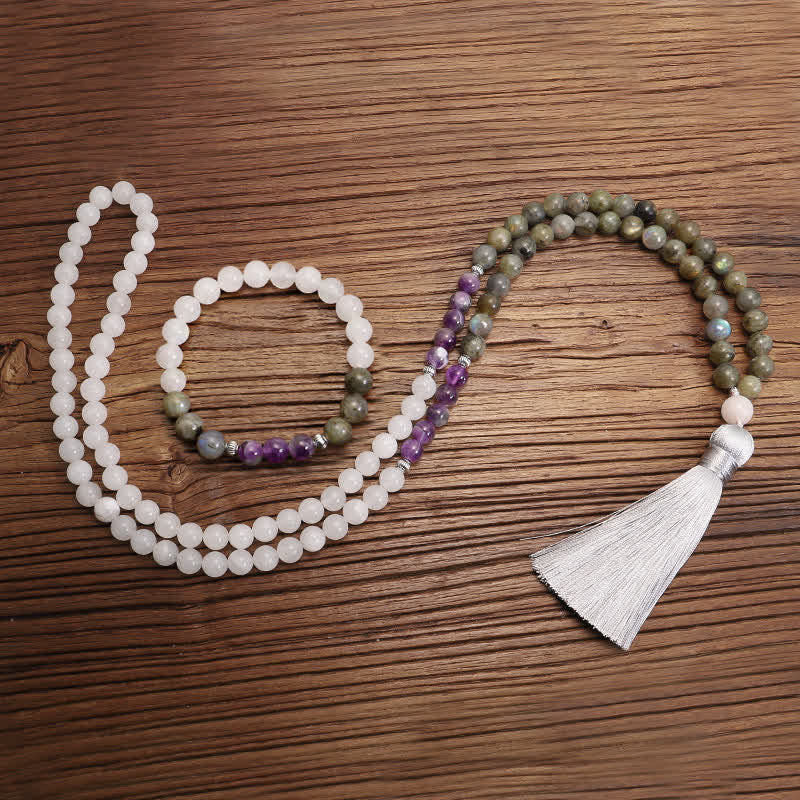 Buddha Stones 108 Mala Beads White Agate Amethyst Black Glitter Stone Protection Bracelet - image 9