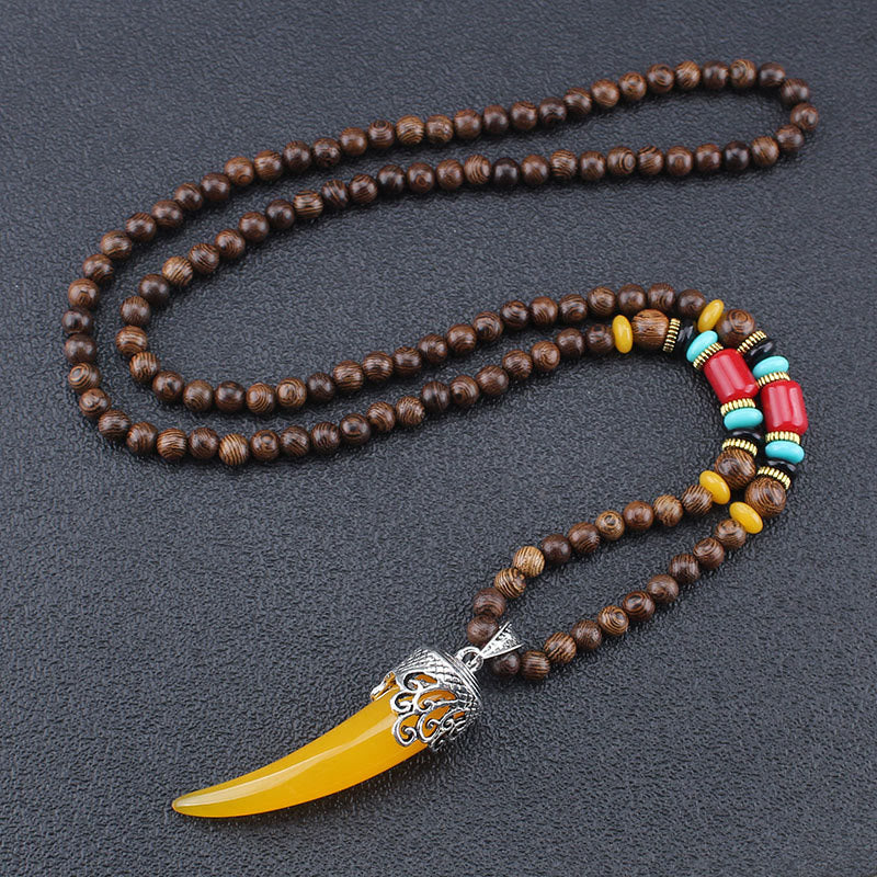 Wenge Wood Turquoise Stone Horn Style Protection Meditation Necklace Pendant - Yellow - image 0