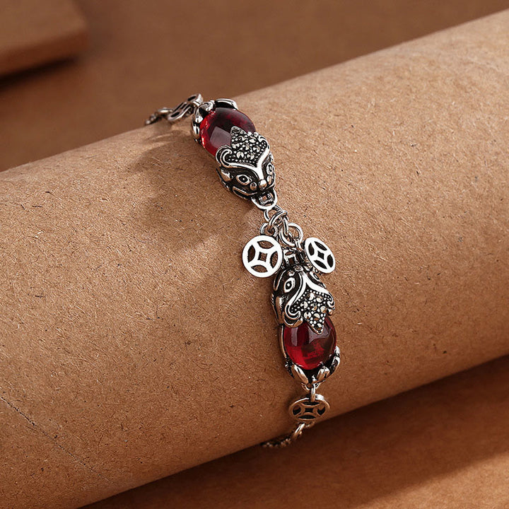 Buddha Stones Garnet Double PiXiu Copper Coin Protection Chain Bracelet - image 2