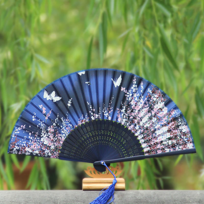 Buddha Stones Butterfly Flowers Handheld Bamboo Folding Fan - Blue - image 0
