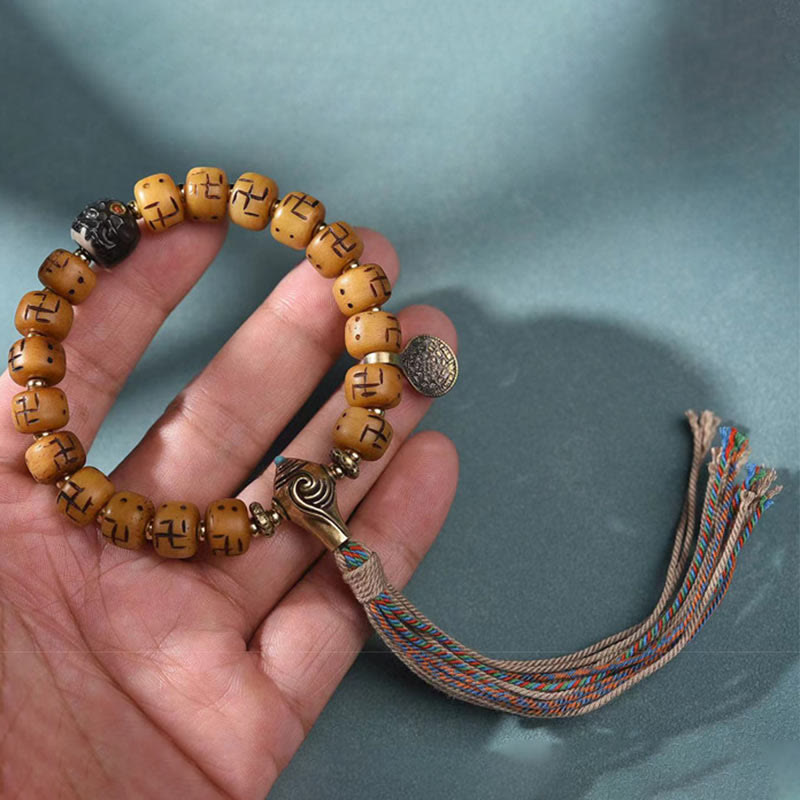 Buddha Stones Natural Tibetan Camel Bone Swastika Dzi Bead Shankha Buddha Charm Kirtimukha Luck Protection Tassel Bracelet - image 4