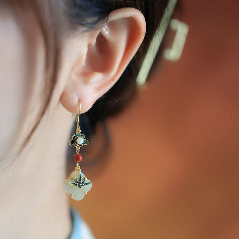 Buddha Stones Lucky Four Leaf Clover Jade Abundance Copper Earrings - image 2