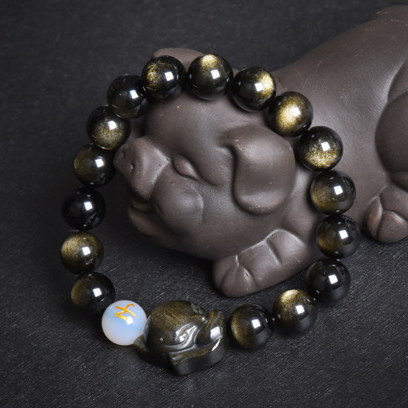 Buddha Stones Natural Rainbow Obsidian Gold Sheen Obsidian Silver Sheen Obsidian Fox Healing Bracelet - Gold Sheen Obsidian - Pig - image 8