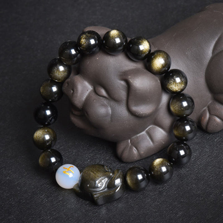 Buddha Stones Natural Rainbow Obsidian Gold Sheen Obsidian Silver Sheen Obsidian Fox Healing Bracelet - Gold Sheen Obsidian - Pig - image 8