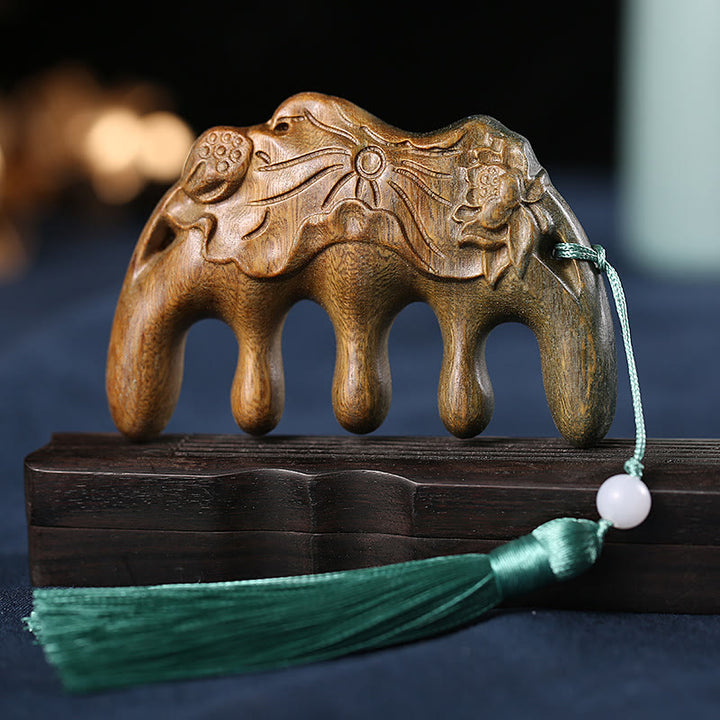 Green Sandalwood Plum Blossom Flowers Lotus Koi Fish Engraved Soothing Tassel Comb - Green Sandalwood Lotus Flower Leaf Pod - image 16