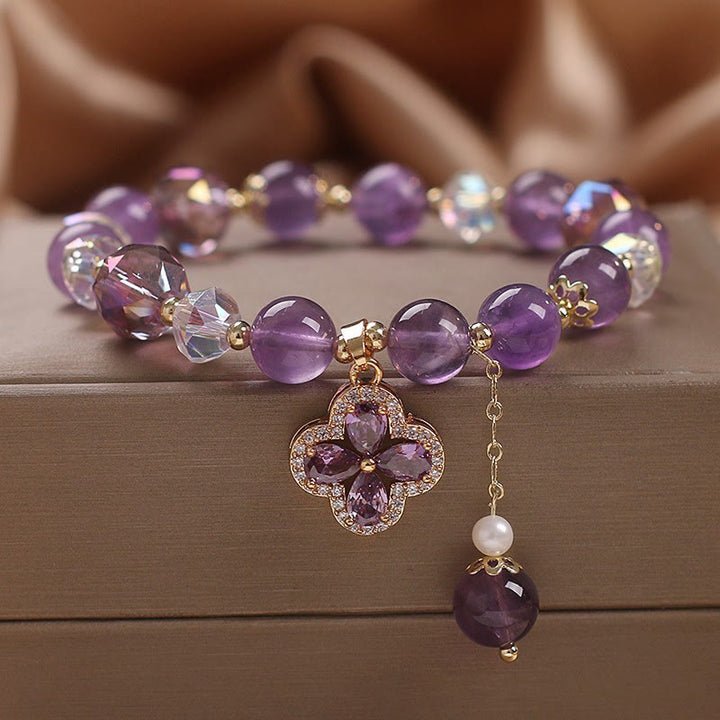 Buddha Stones Natural Amethyst Crystal Four Leaf Clover Spiritual Healing Bracelet - Amethyst(Spiritual Awareness♥Inner Peace) - image 0