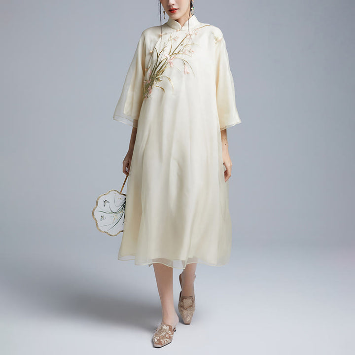 Buddha Stones 100% Mulberry Silk 6 Momme Dress Vintage Flower Butterfly Embroidery Qipao Dress Women's Cheongsam Dress - image 5