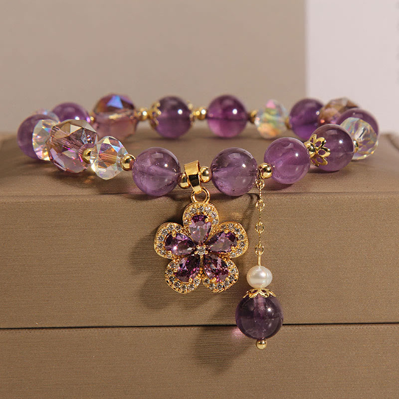 Natural Amethyst Pearl Flower Charm Positive Transformation Bracelet - image 2