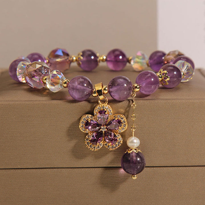 Natural Amethyst Pearl Flower Charm Positive Transformation Bracelet - image 2