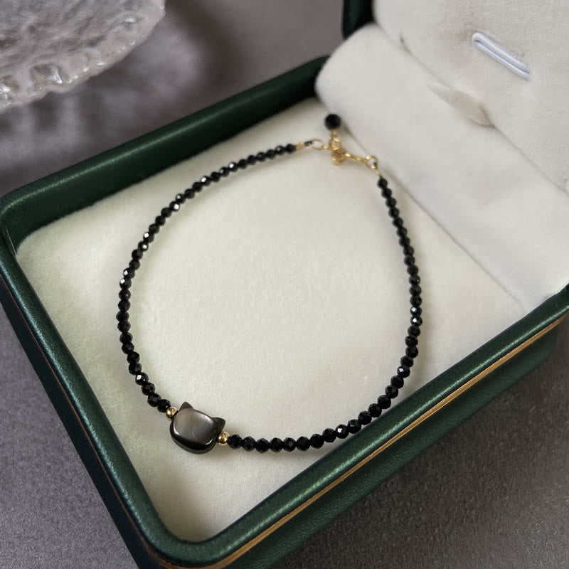 Buddha Stones 14K Gold Plated Black Spinel White Crystal Cute Cat Tridacna Stone Healing Bracelet - image 1