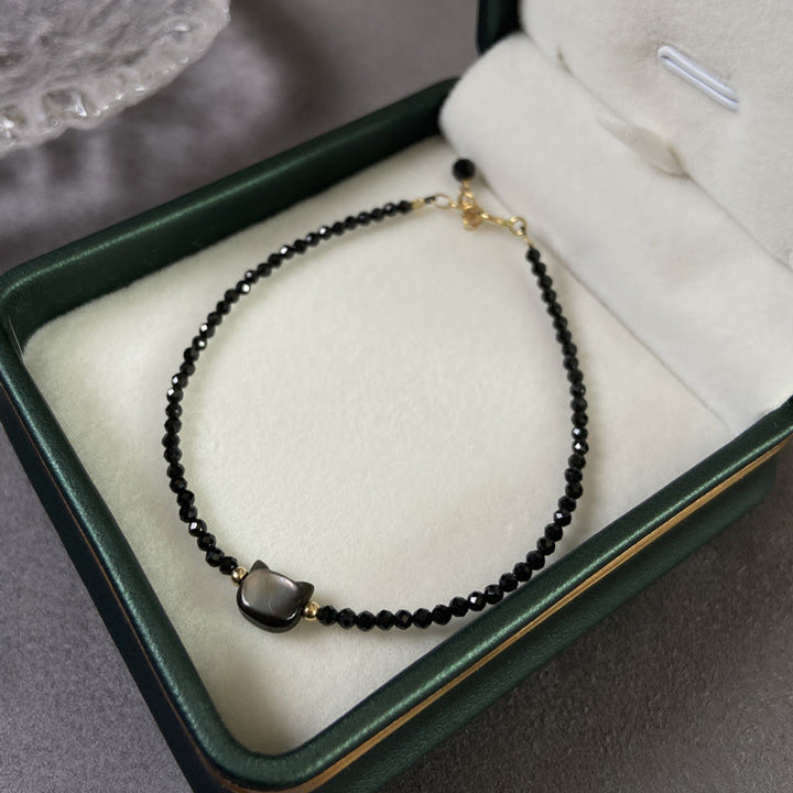 Buddha Stones 14K Gold Plated Black Spinel White Crystal Cute Cat Tridacna Stone Healing Bracelet - image 1