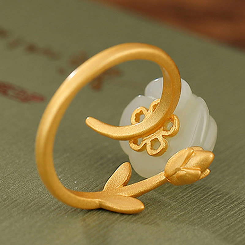 Buddha Stones 925 Sterling Silver Plated Gold Rose Flower Hetian White Jade Happiness Ring - image 5