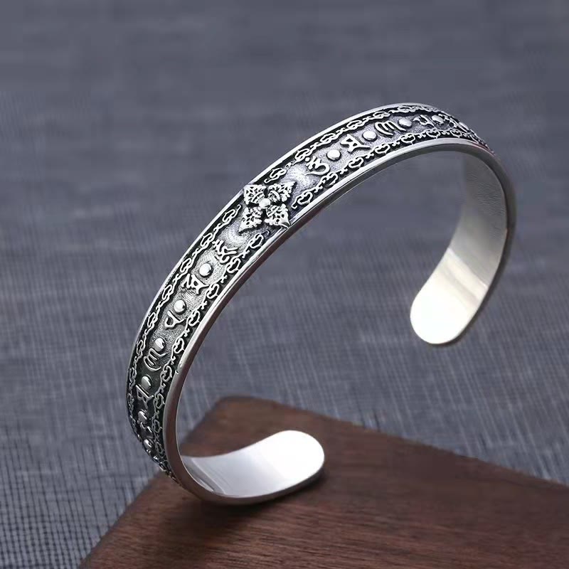 Buddha Stones 925 Sterling Silver Om Mani Padme Hum Double Dorje Engraved Wisdom Cuff Bracelet Bangle - image 1