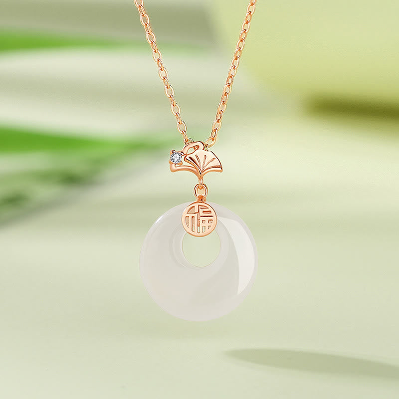 Buddha Stones 925 Sterling Silver Ginkgo Leaf Butterfly Rose Chalcedony Hetian Jade Peace Buckle Fu Character Harmony Necklace Pendant - Ginkgo Leaf Chalcedony Rose Gold - image 0