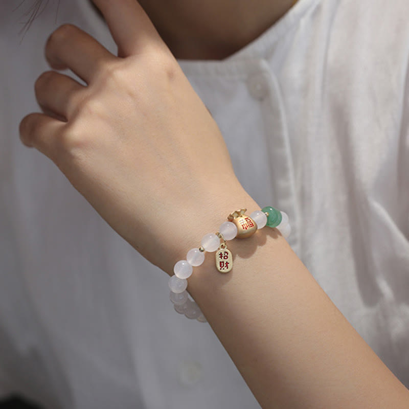 Buddha Stones Natural White Agate Red Agate Money Bag Fu Character Four Leaf Clover Protection Bracelet - image 4
