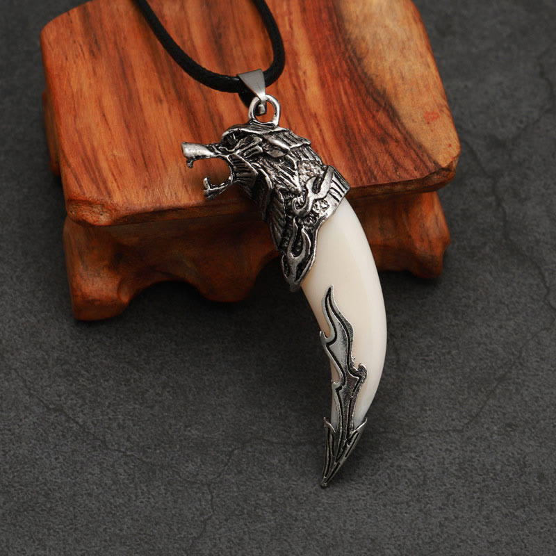 Buddha Stones Imitation Wolf Tooth Titanium Steel Balance Necklace Pendant - White Imitation Wolf Tooth - Leather Rope - image 5