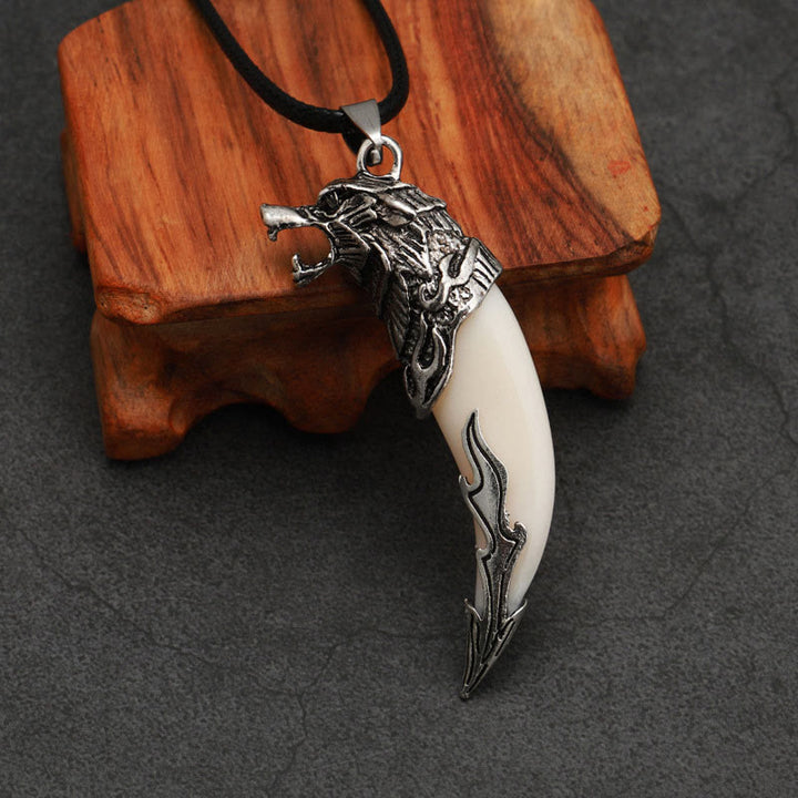 Buddha Stones Imitation Wolf Tooth Titanium Steel Balance Necklace Pendant - White Imitation Wolf Tooth - Leather Rope - image 5