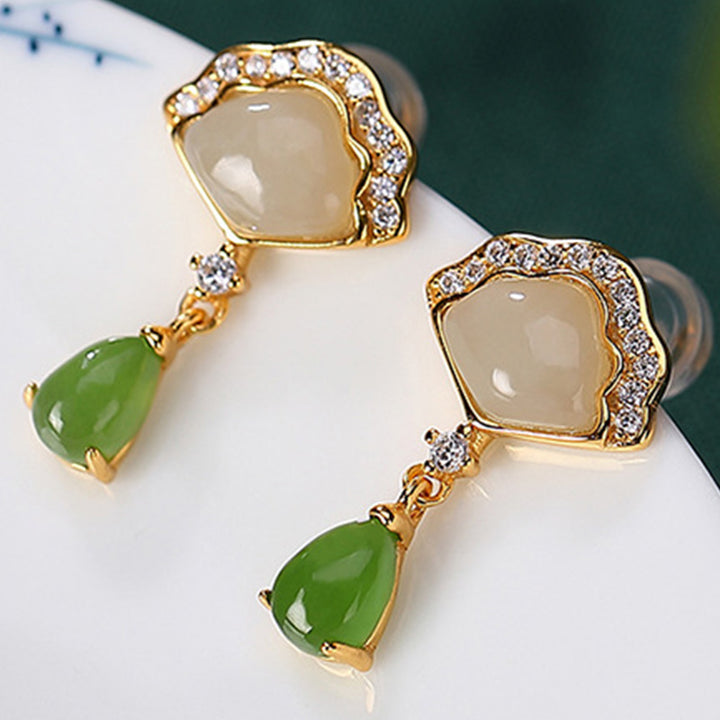 Buddha Stones White Jade Cyan Jade Fan Water Drop Pattern Luck Drop Earrings - image 5