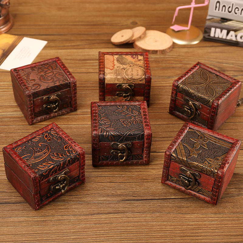 Buddha Stones Retro Small Square Wood Jewelry Box Lotus Grass Flower Grape Copper Coin Daffodil Jewelry Storage Box - image 0