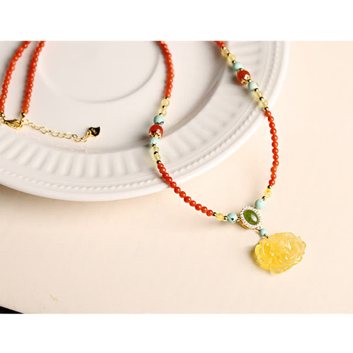 925 Sterling Silver Natural Red Agate Amber Peony Confidence Charm Necklace Pendant - image 3