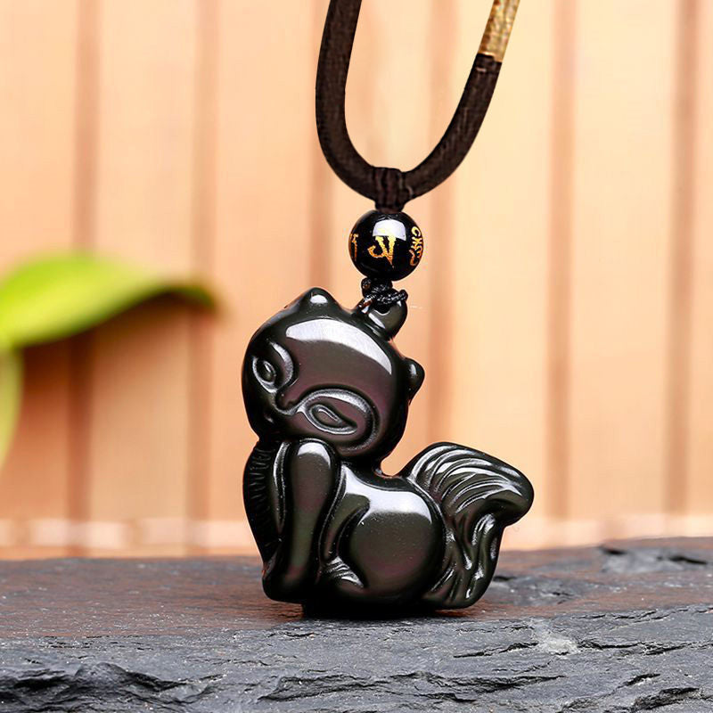 Buddha Stones Natural Rainbow Obsidian Gold Sheen Obsidian Nine Tailed Fox Positive Necklace Pendant - Rainbow Obsidian Small Fox - image 15
