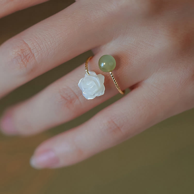 Buddha Stones 14K Gold Plated Tridacna Stone Rose Flower Jade Bead Blessing Ring - image 8