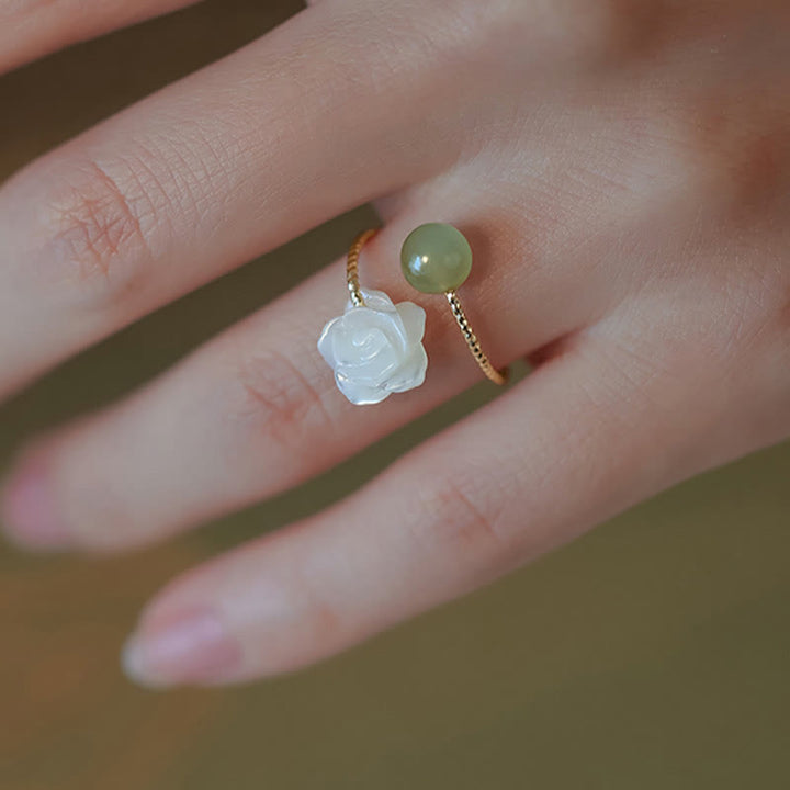 Buddha Stones 14K Gold Plated Tridacna Stone Rose Flower Jade Bead Blessing Ring - image 8