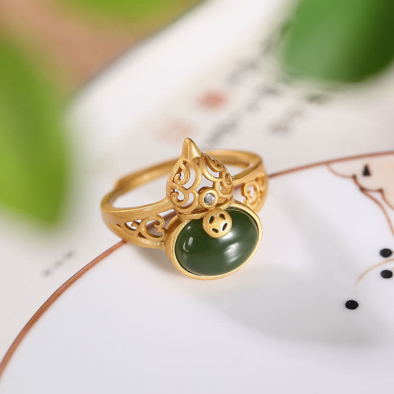 Buddha Stones Gourd Cyan Jade Copper Coin Success Luck Adjustable Ring - image 1