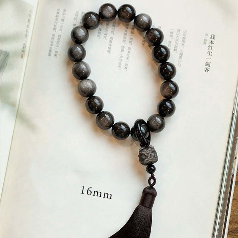 Buddha Stones Natural Silver Sheen Obsidian Black Obsidian Lion Wrist Mala Protection Tassels Pocket Mala Car Decoration - image 10