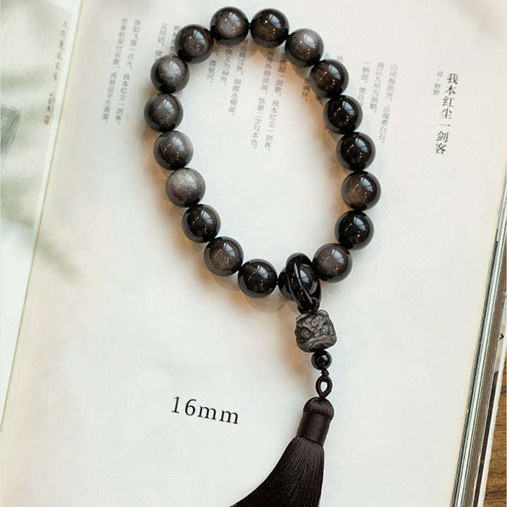 Buddha Stones Natural Silver Sheen Obsidian Black Obsidian Lion Wrist Mala Protection Tassels Pocket Mala Car Decoration - image 10