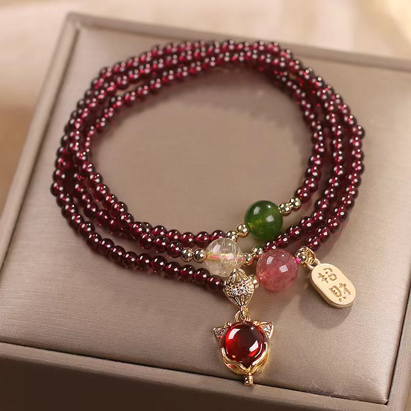 Buddha Stones Natural Garnet Strawberry Quartz Crystal Fox Koi Fish Peace Buckle Fortune Protection Triple Wrap Bracelet - image 2