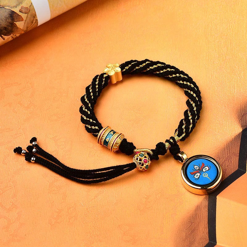 Buddha Stones Tibet Handmade Five God Of Wealth Luck Thangka Amulet Prayer Wheel Flower Charm Weave String Bracelet - Black(Wrist Circumference 14-19cm) - image 5