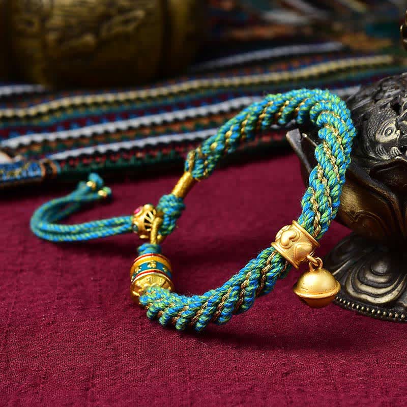 Buddha Stones Tibetan Handmade Luck Protection Thangka Prayer Wheel Bell Charm Braid String Bracelet - Blue(Wrist Circumference 14-19cm) - image 9
