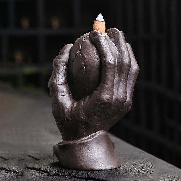 Buddha Stones Halloween Skull With Ghost Hand Purple Clay Spiritual Incense Burner Decoration - image 8