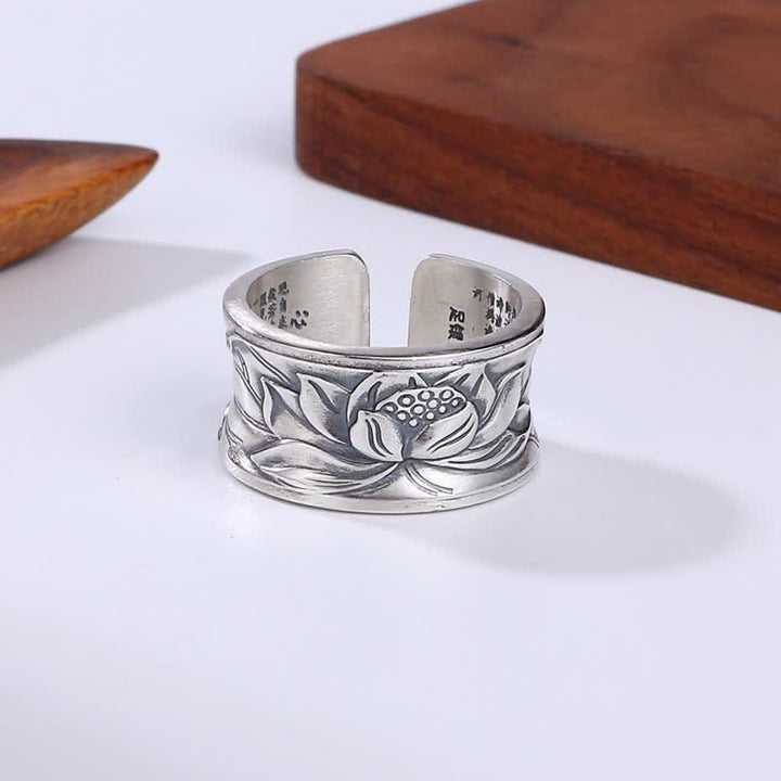 Buddha Stones 999 Sterling Silver Lotus Flower Heart Sutra Protection Ring - image 2